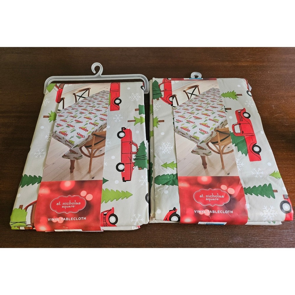 St. Nicholas Square Vinyl Tablecloth Set 2 Holiday 70" Round Red Truck Christmas